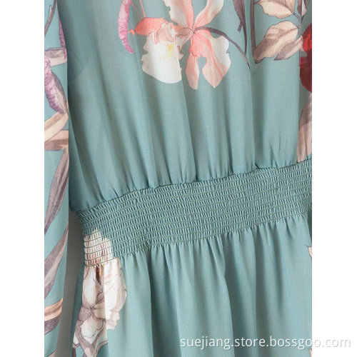 Chiffon Floral Flower Print Vertical Long Sleeve Dress